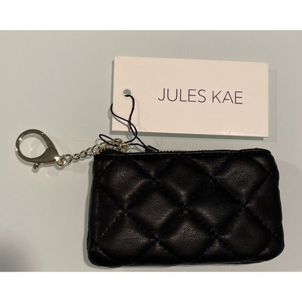 New Jules Kae Kari Black Quilted Vegan Leather Coin & Credit Card Case